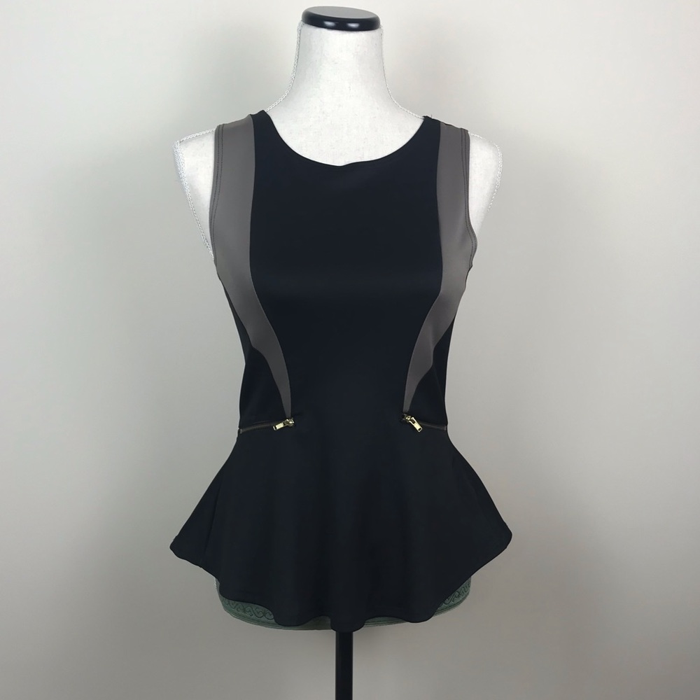 Neutral tones faux zipper pockets peplum top